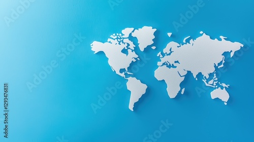 Fototapeta Naklejka Na Ścianę i Meble -  A minimalist white world map on a vibrant blue background, symbolizing global connectivity and exploration.cargo management warehouse scheduling