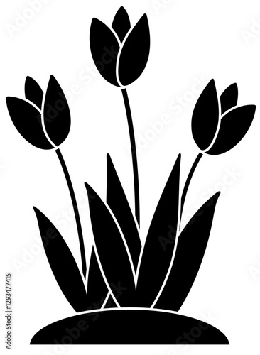 
Blooming Flower Growing in Soil silhouette. 
Floral with Leaves silhouette.
Spring flowerbed icon.
Cute Outdoor Garden flowers Vector.
Transparent background.