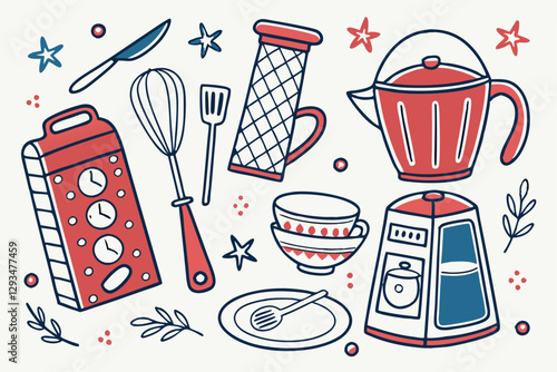 58 Hand-drawn kitchen utensils, colorful cooking tools illustration, whimsical kitchenware sketch, simple line art, red oven mitt, cheese grater, coffee maker, measuring cups, trash can, salt shaker, 