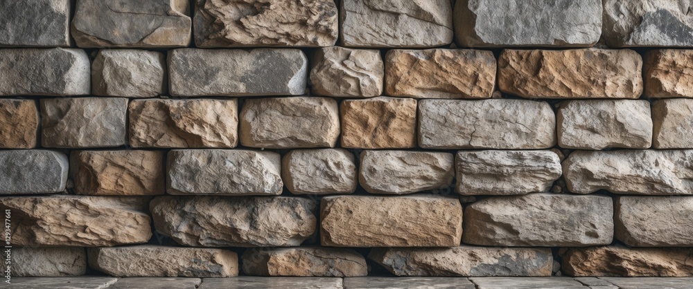 Naklejka premium Natural textured stone wall background suitable for rustic design and architectural projects featuring various shades of gray and beige stones.