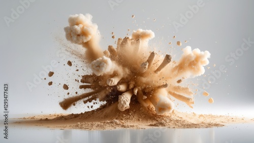 Dynamic powder explosion creating a cloud of dust and debris against a clean white background showcasing motion and energy.