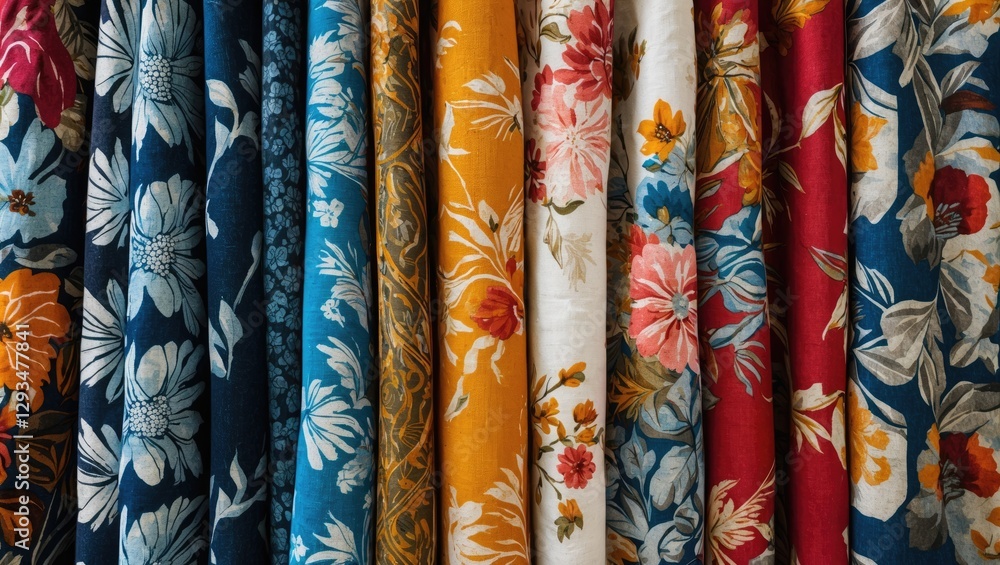 Vibrant assortment of ornamental textile fabrics in rich colors showcasing floral patterns and textures for fashion or home decor applications Vibrant assortment of ornamental textile fabrics in rich colors showcasing floral patterns and textures for fashion or home decor applications