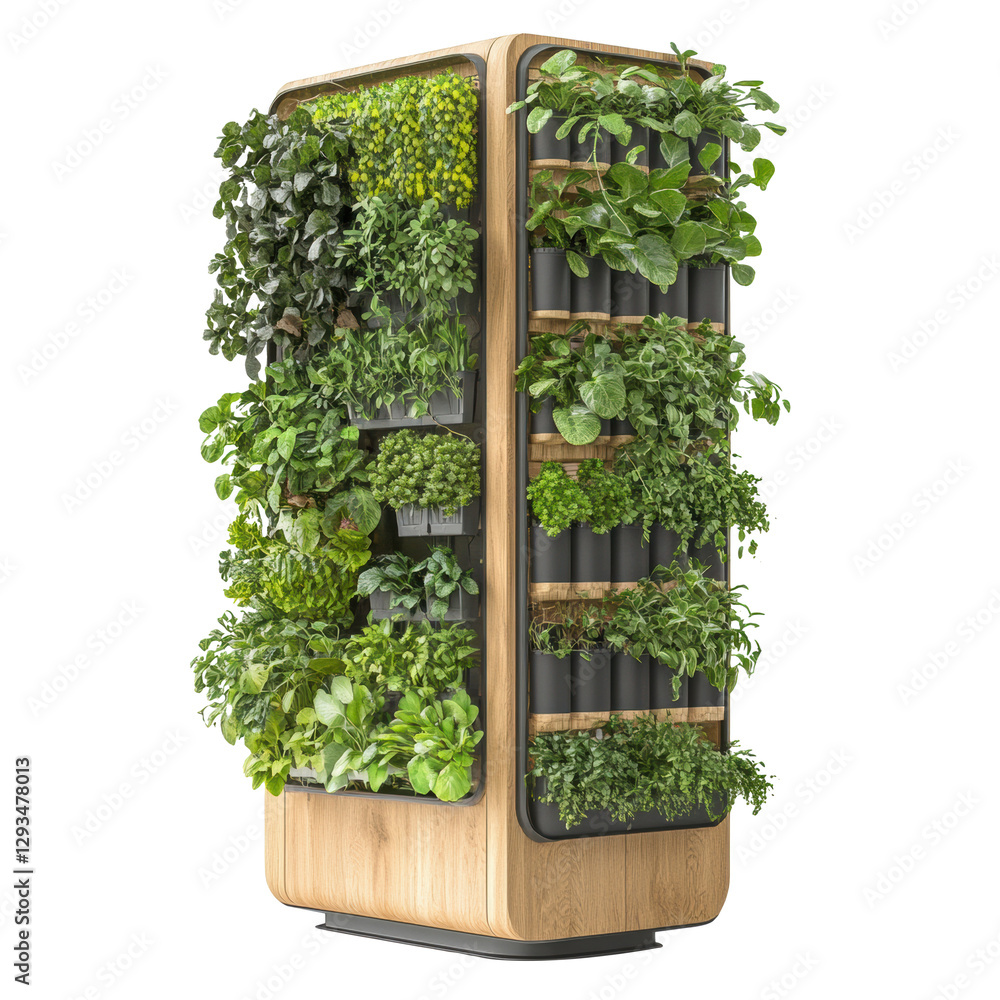 Vertical garden unit showcasing various herbs and greens cut out Vertical garden unit showcasing various herbs and greens cut out