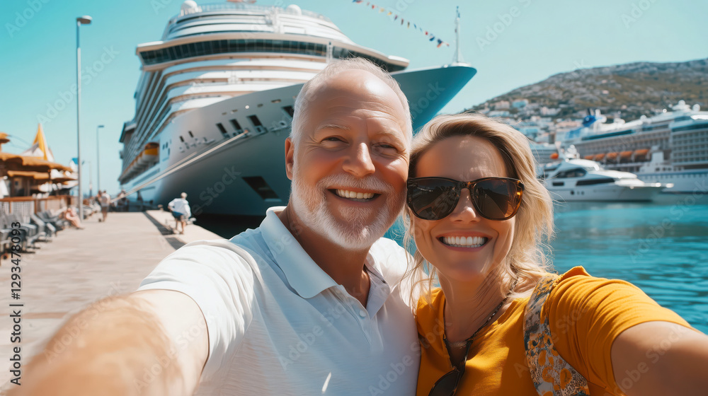 A happy elderly couple takes a selfie an ocean cruise ship in the background in a busy seaport, ready to travel and summer vacation