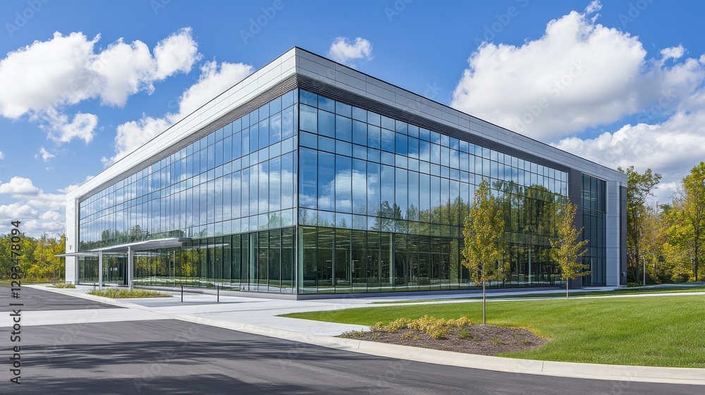 Modern glass building surrounded by greenery under a bright sky with fluffy clouds in a serene landscape Modern glass building surrounded by greenery under a bright sky with fluffy clouds in a serene landscape