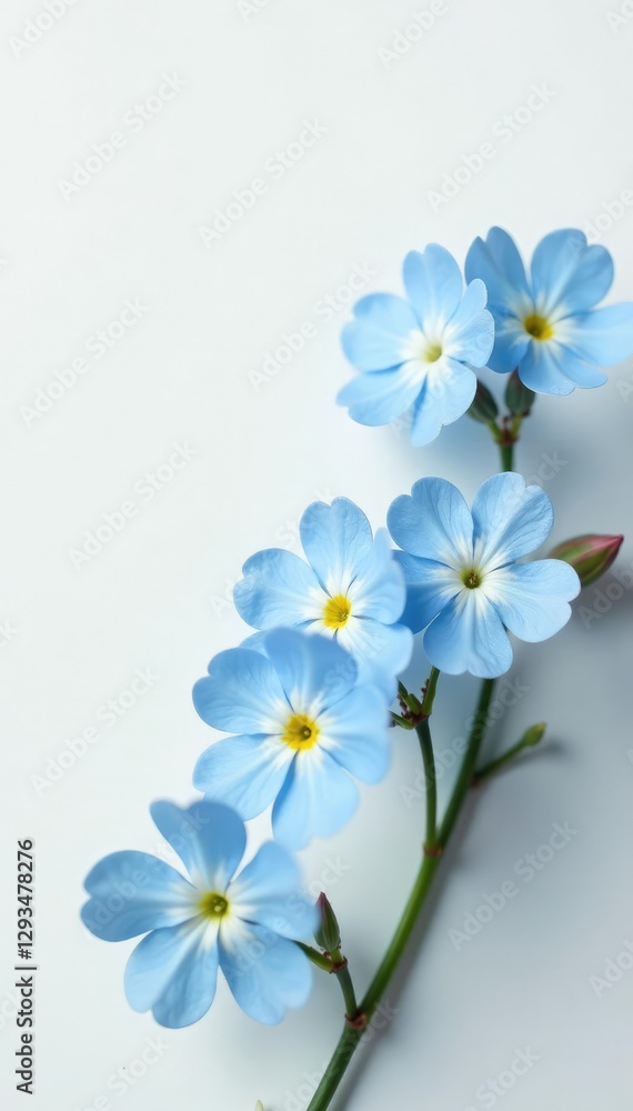 Obraz premium Forget-me-nots in soft pastel hues blooming on a pristine white surface, gentle hue, simple elegance, forget me nots white surface blue flowers