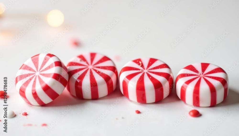 Obraz premium Four red and white peppermint candies on a white background with some decorations, decoration, red and white