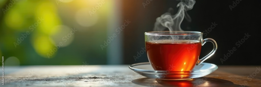 Fragrant steam rises from tea as it's poured into a glass cup, steam, tea, glass Fragrant steam rises from tea as it's poured into a glass cup, steam, tea, glass