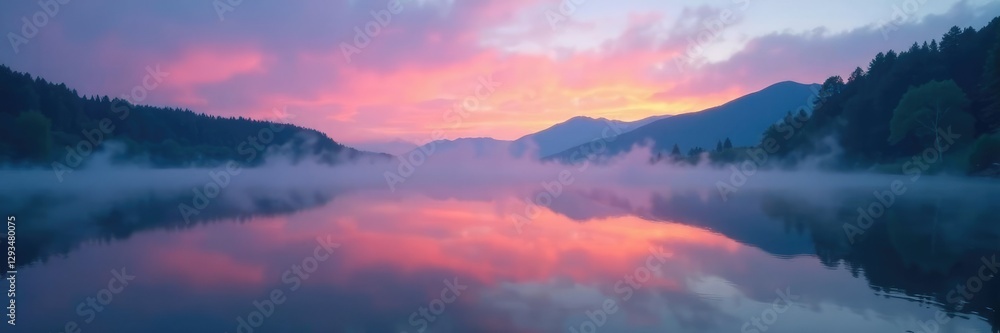 Gentle mist rises from water surface as twilight falls softly on serene lake shore, calm, fog, serenity Gentle mist rises from water surface as twilight falls softly on serene lake shore, calm, fog, serenity