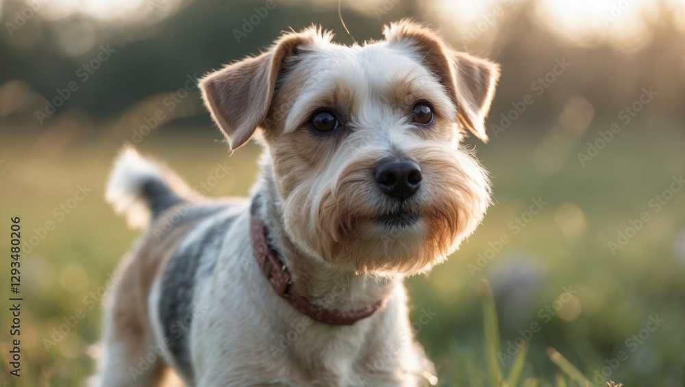 Playful Terrier Dog Portrait in Sunlit Outdoor Setting with Lush Greenery and Warm Natural Lighting Playful Terrier Dog Portrait in Sunlit Outdoor Setting with Lush Greenery and Warm Natural Lighting