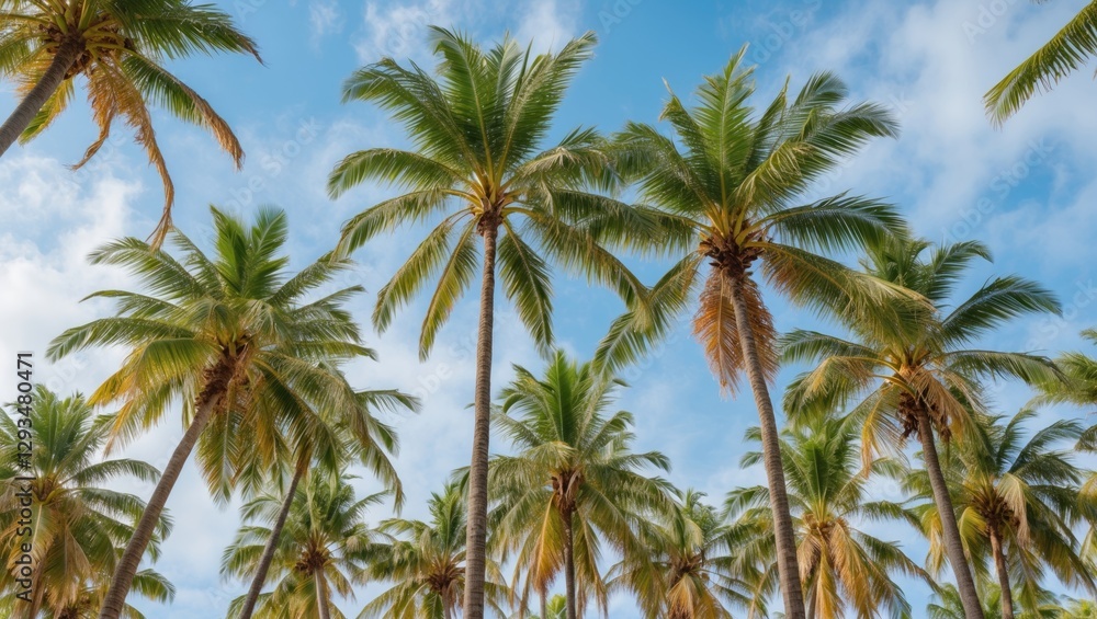 Majestic tall palm trees with lush green fronds against a bright blue sky creating a serene tropical atmosphere ideal for vacation themes. Majestic tall palm trees with lush green fronds against a bright blue sky creating a serene tropical atmosphere ideal for vacation themes.