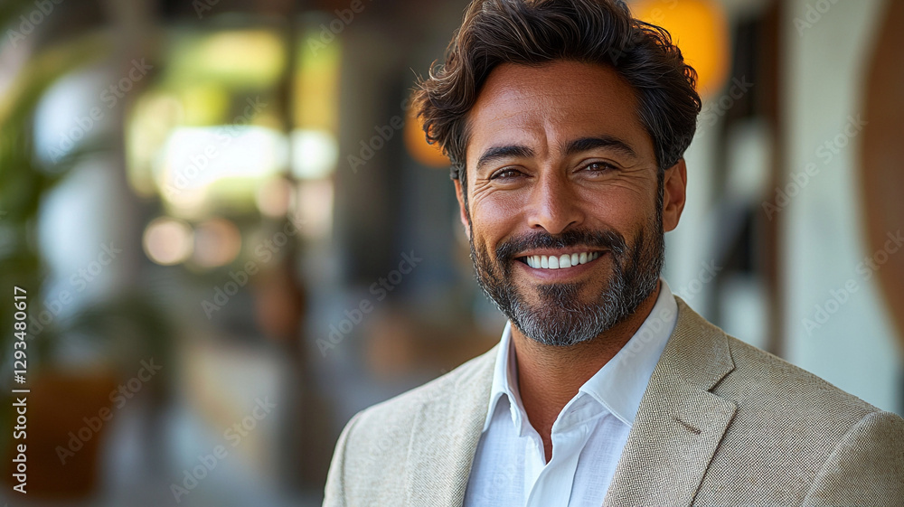 Obraz premium A charismatic man with a warm, genuine smile radiates confidence and success, bathed in soft natural light against a blurred, upscale background.