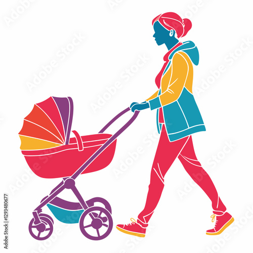 Woman with stroller silhouette vector illustration