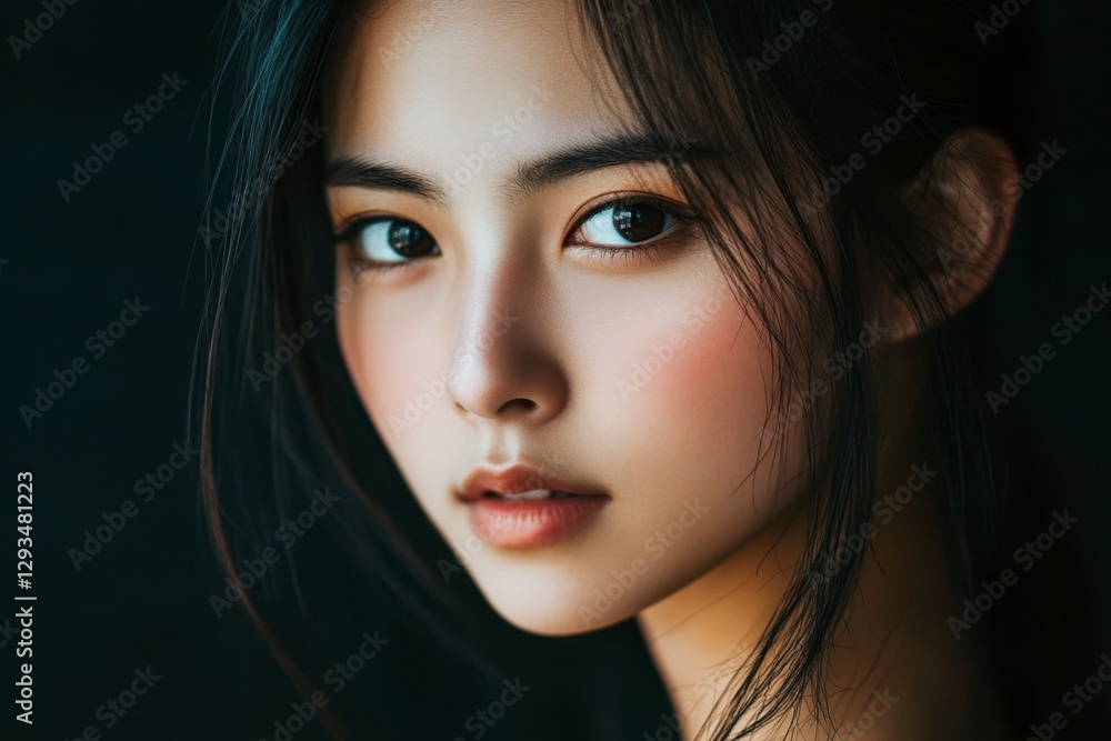 Fototapeta premium Striking Portrait of a Young Asian Woman with Flawless Skin and Expressive Eyes in Soft Natural Light
