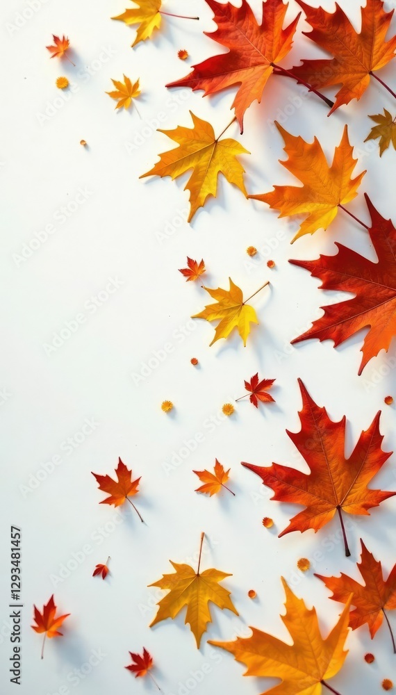 Golden hues of autumn leaves scattered on a snowy white background, golden, oak, leaf Golden hues of autumn leaves scattered on a snowy white background, golden, oak, leaf