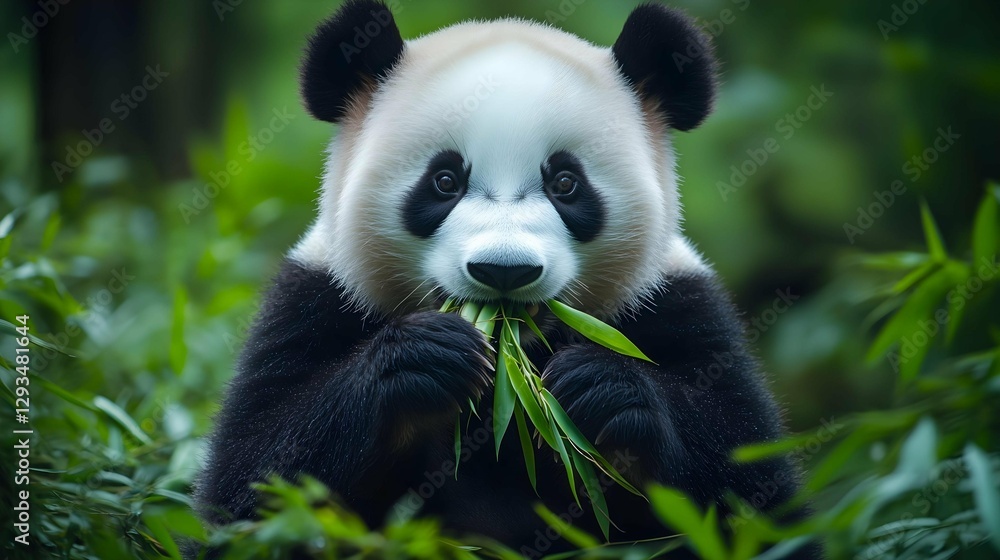 Picture of a panda eating bamboo leaves with relish. Picture of a panda eating bamboo leaves with relish.
