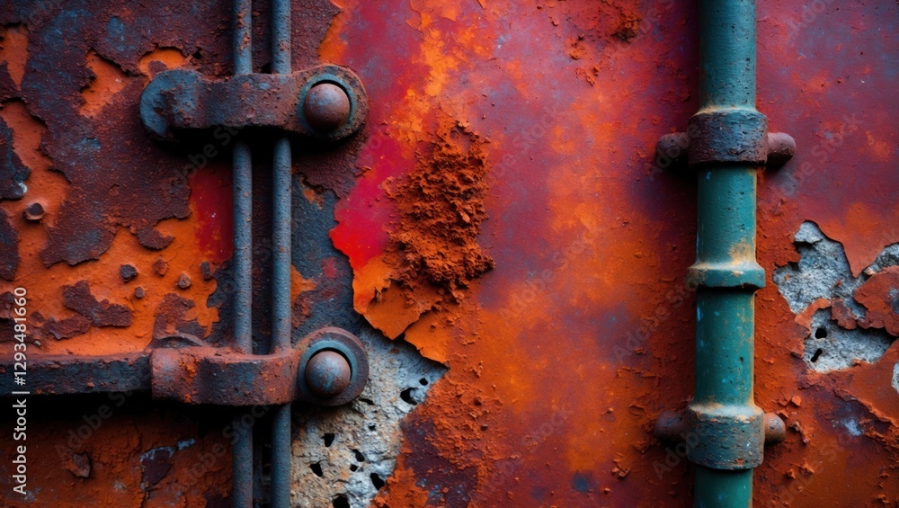 Rusty textured metal surface with vibrant red and brown colors featuring peeling paint and old hardware details. Ideal for industrial designs. Rusty textured metal surface with vibrant red and brown colors featuring peeling paint and old hardware details. Ideal for industrial designs.