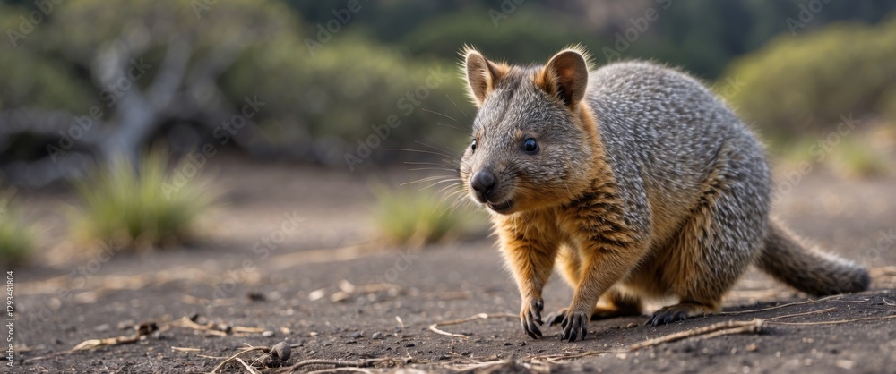 Fototapeta premium Quokka Exploring Coastal Landscape on an Australian Island Surrounded by Nature and Vegetation in a Bright Natural Environment