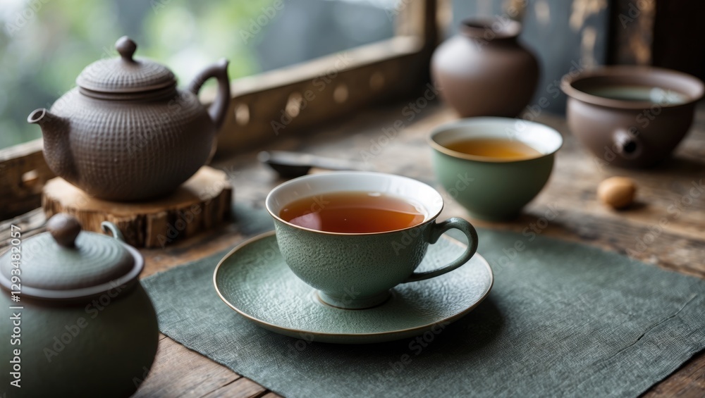 Tea cup and teapot arrangement on wooden table with tranquil atmosphere and ample copy space for branding or text placement. Tea cup and teapot arrangement on wooden table with tranquil atmosphere and ample copy space for branding or text placement.