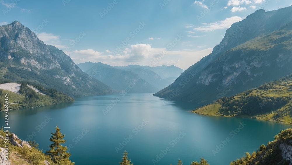 Serene Mountain Lake View with Lush Surroundings and Clear Skies Ideal for Nature-themed Promotions and Travel Content. Serene Mountain Lake View with Lush Surroundings and Clear Skies Ideal for Nature-themed Promotions and Travel Content.