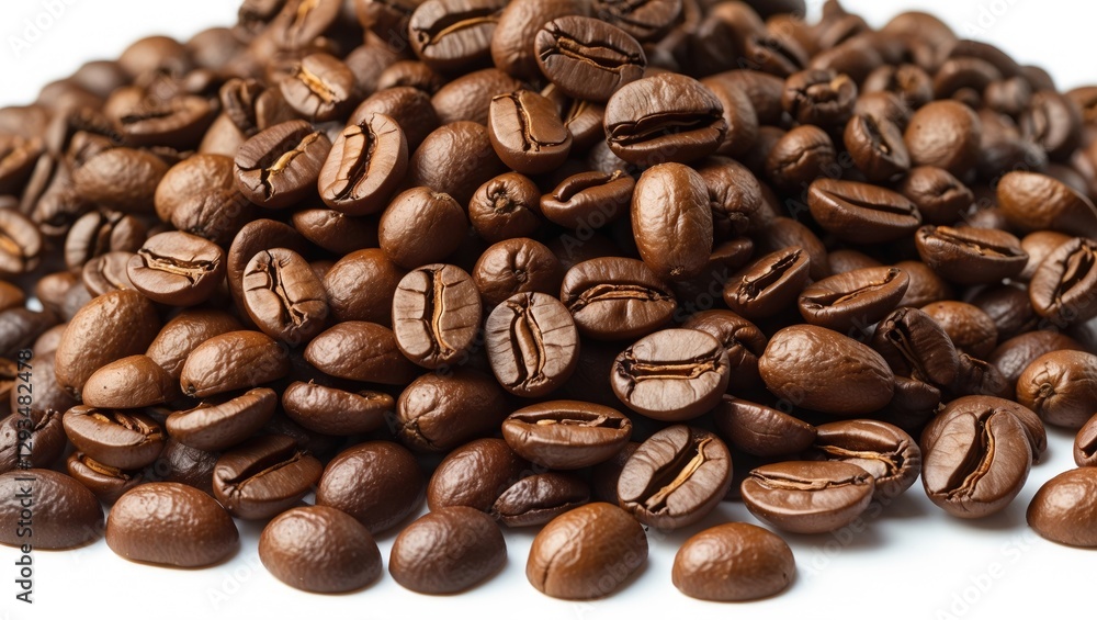 Fototapeta premium Roasted coffee beans in rich brown tones arranged on a white background showcasing their texture and natural sheen.