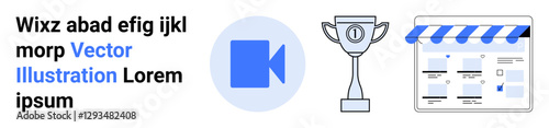 Free Download Video play icon, trophy symbolizing achievement, and online store interface representation with blue and white color scheme. Ideal for marketing, online presence, tutorials, recognition, awards - GFXLoad