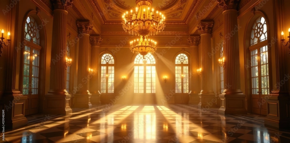 Obraz premium Golden light swirls around ornate chandeliers, gold, hall