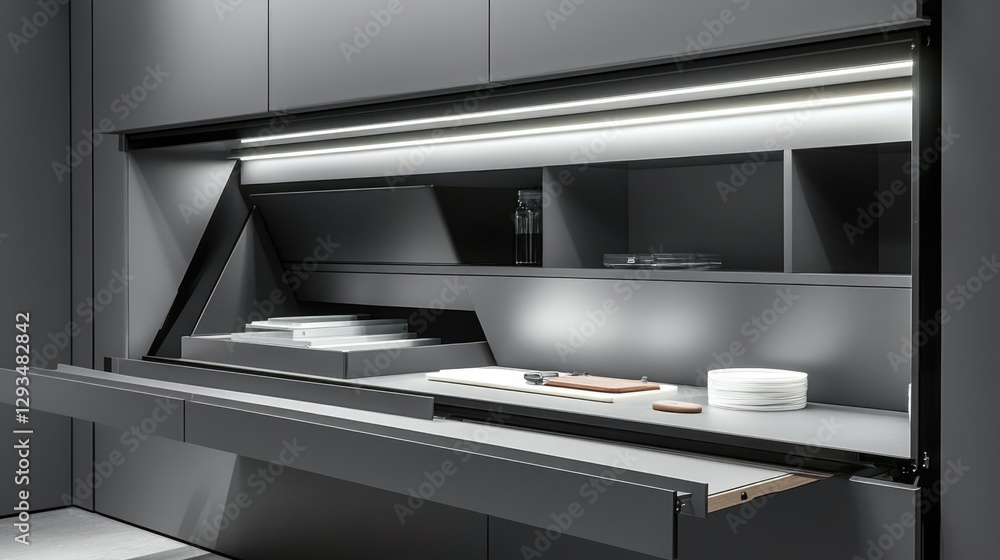 Sleek Gray Kitchenette with Hidden Storage and Integrated Lighting Sleek Gray Kitchenette with Hidden Storage and Integrated Lighting