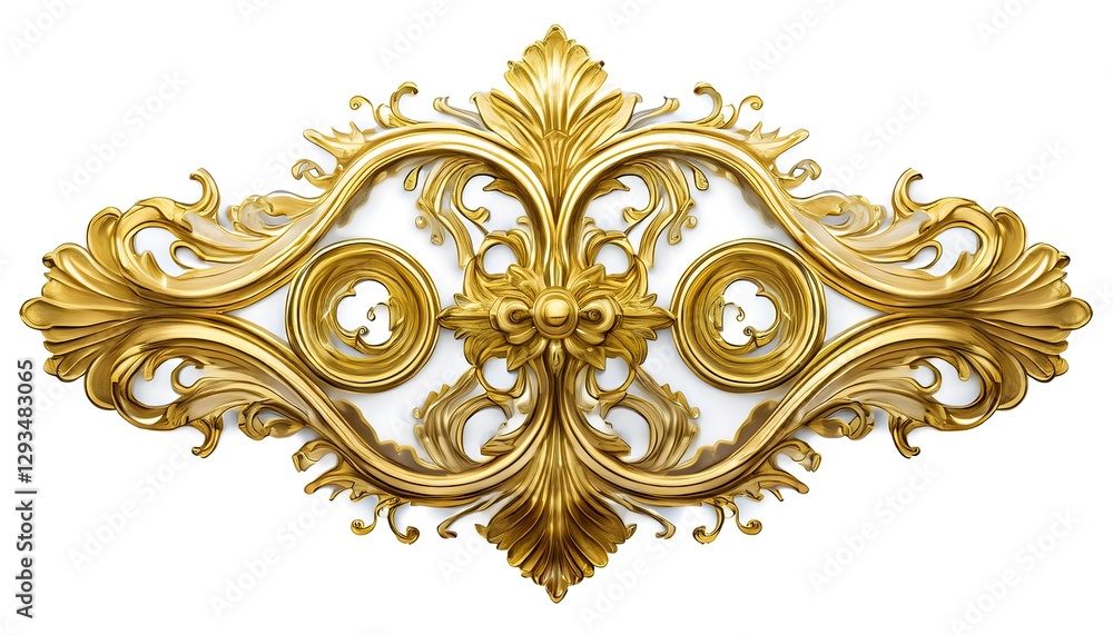 Golden decorative element, Ornate Gold Decorative Element on White Background, Antique Gold Carved Decorative Element in Baroque Style Golden decorative element, Ornate Gold Decorative Element on White Background, Antique Gold Carved Decorative Element in Baroque Style