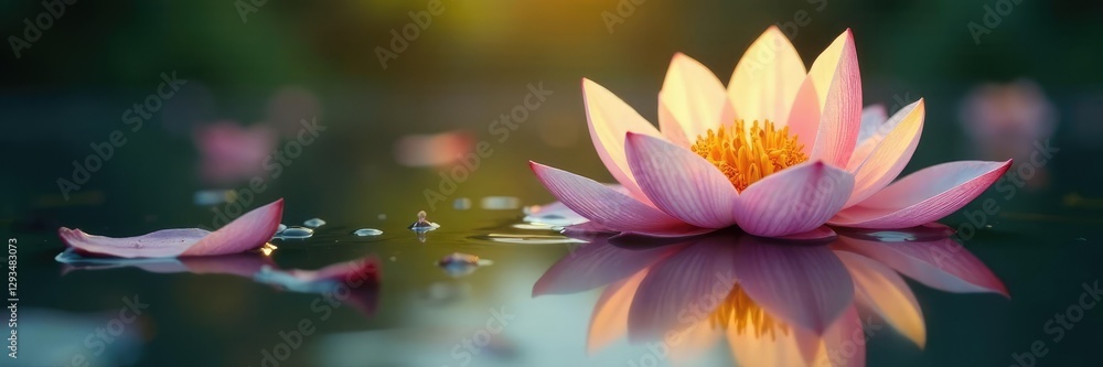 Golden moon with delicate floral petals in water, reflection, peaceful, water Golden moon with delicate floral petals in water, reflection, peaceful, water