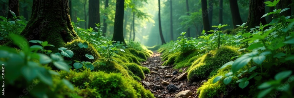 Fototapeta premium Lowland tropical rainforest floor carpeted with moss and ferns, nature, vegetation, forest floor