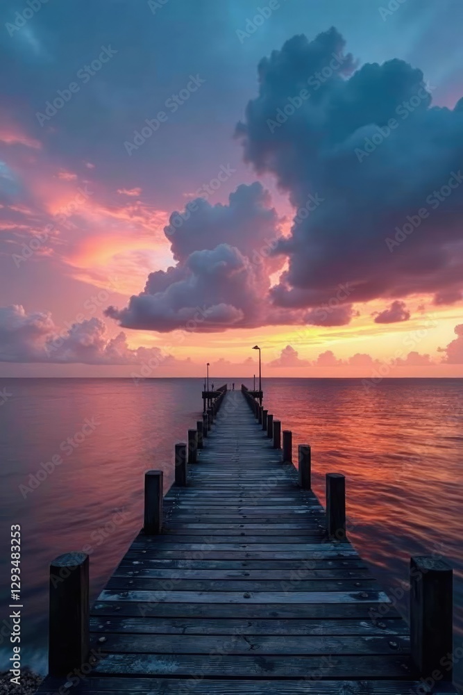 Low-pitched clouds above a wooden pier at dusk, atmosphere, morning, pier Low-pitched clouds above a wooden pier at dusk, atmosphere, morning, pier