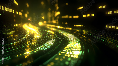 Glowing futuristic money stream flowing through digital landscape abstract visualization technology immersive environment