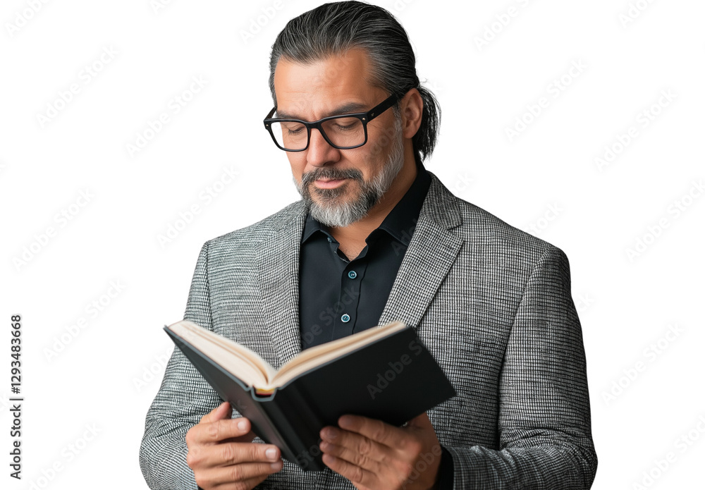 A photograph of an attractive middle-aged Hispanic professor holding and reading from his book, with a transparent background A photograph of an attractive middle-aged Hispanic professor holding and reading from his book, with a transparent background