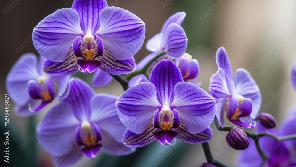Beautiful violet and purple orchid flowers displayed on a softly blurred background showcasing their vibrant colors and delicate details. Beautiful violet and purple orchid flowers displayed on a softly blurred background showcasing their vibrant colors and delicate details.