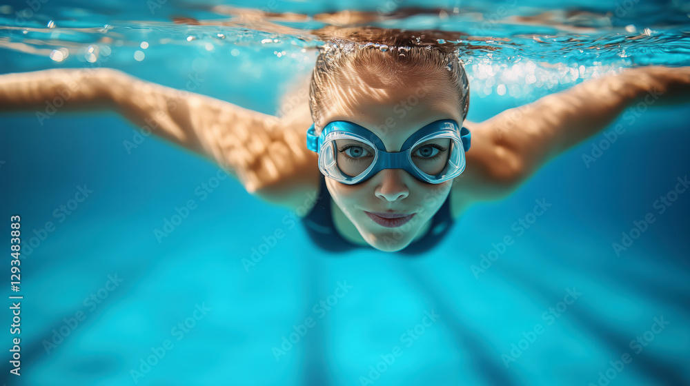 Fototapeta premium Underwater shot of fit swimmer training in the pool. Female swimmer inside swimming pool.