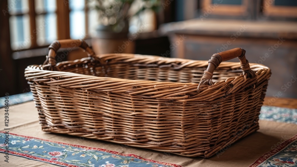 Obraz premium Rectangular Wicker Basket with Wooden Handles on Table Surrounded by Natural Light and Warm Wood Elements