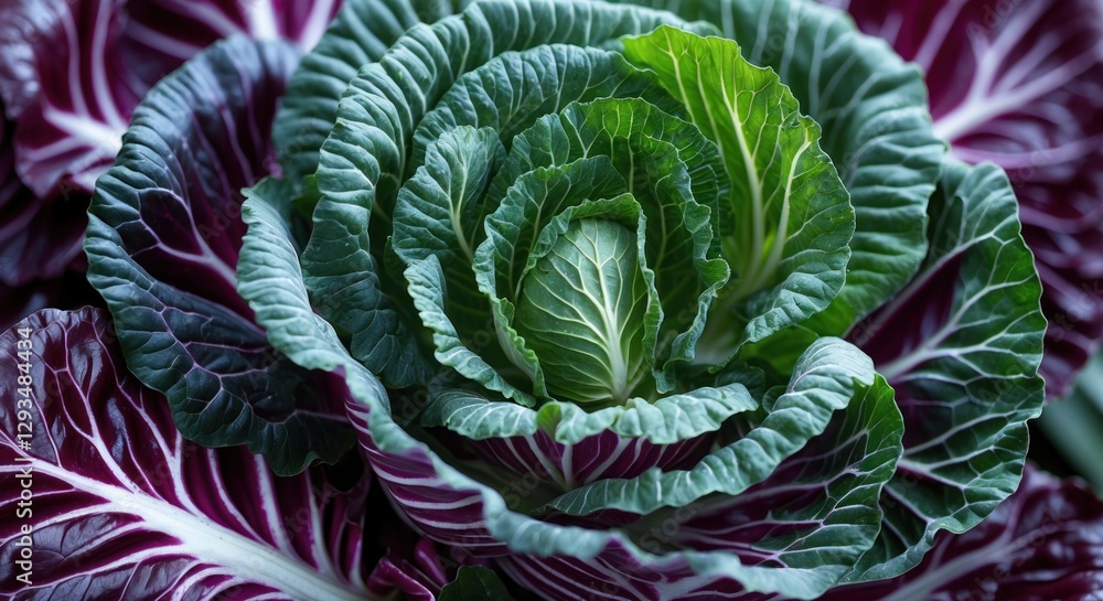Obraz premium Macro shot of vibrant red cabbage showcasing intricate leaf textures and rich color variations ideal for culinary or botanical themes.