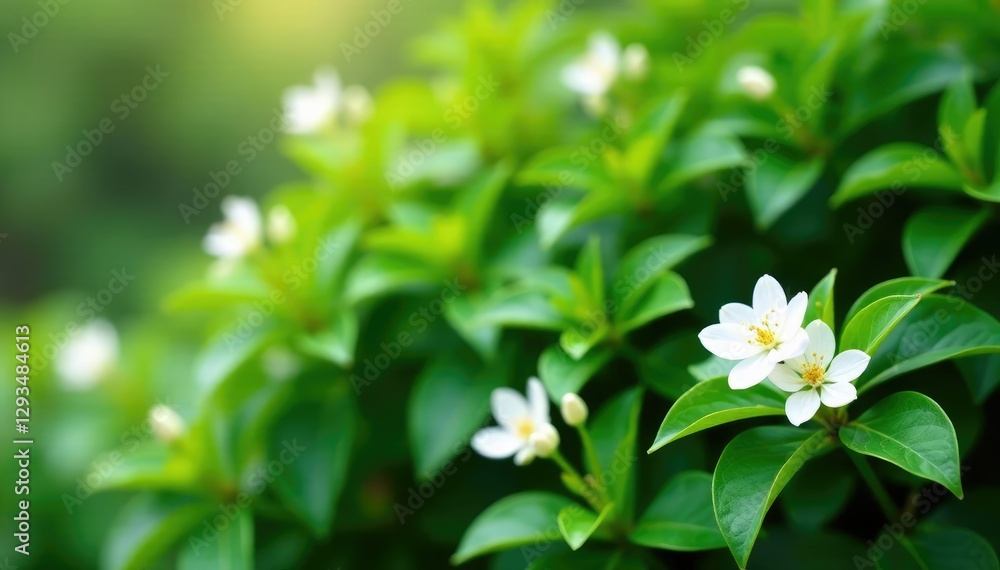 lush green bush with delicate white jasmine flowers blooming in spring, blossoms, greenery lush green bush with delicate white jasmine flowers blooming in spring, blossoms, greenery