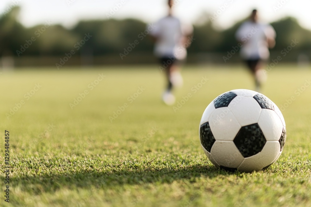 Soccer ball rests on lush grass, capturing action of players in Soccer ball rests on lush grass, capturing action of players in