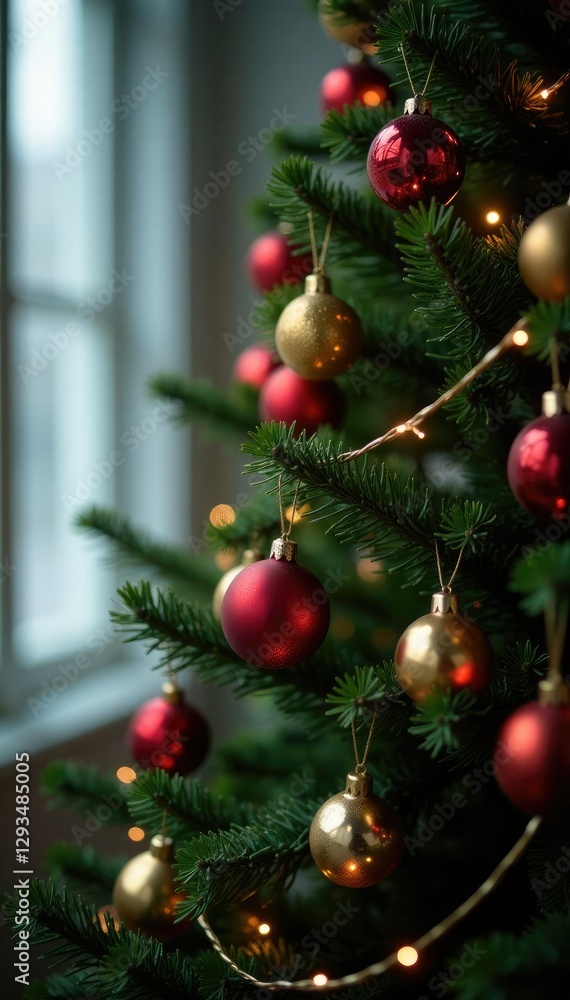 Fototapeta premium Christmas tree decorated with ornaments and lights, holiday cheer, colorful ornaments, festive lights