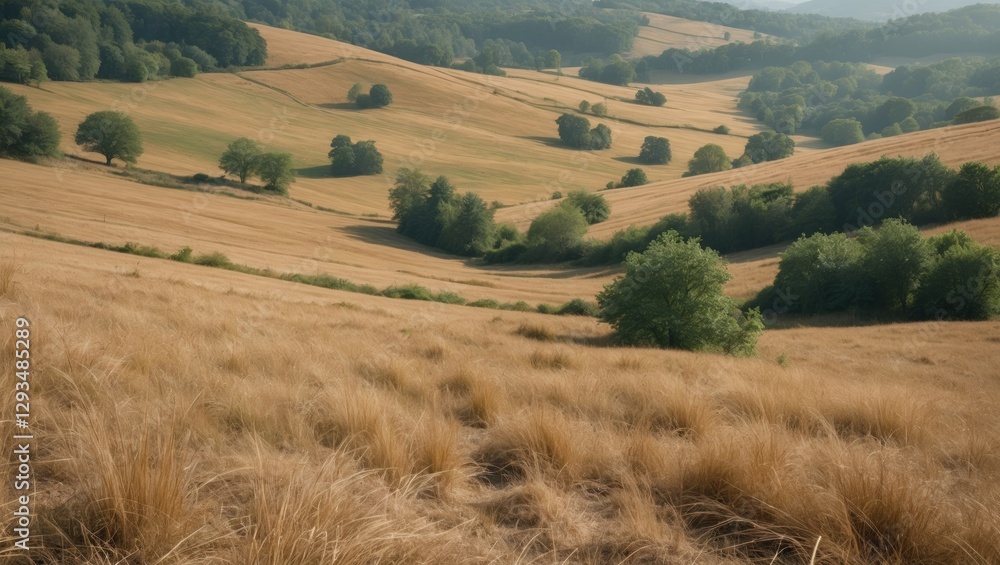 Fototapeta premium Scenic View of Expansive Dry Grass Meadows Under Warm Summer Light in Rural Landscape