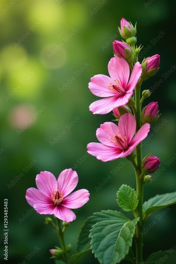 Fototapeta premium Pink mallow flowers in the background with lush greenery, botanical, blooming flowers