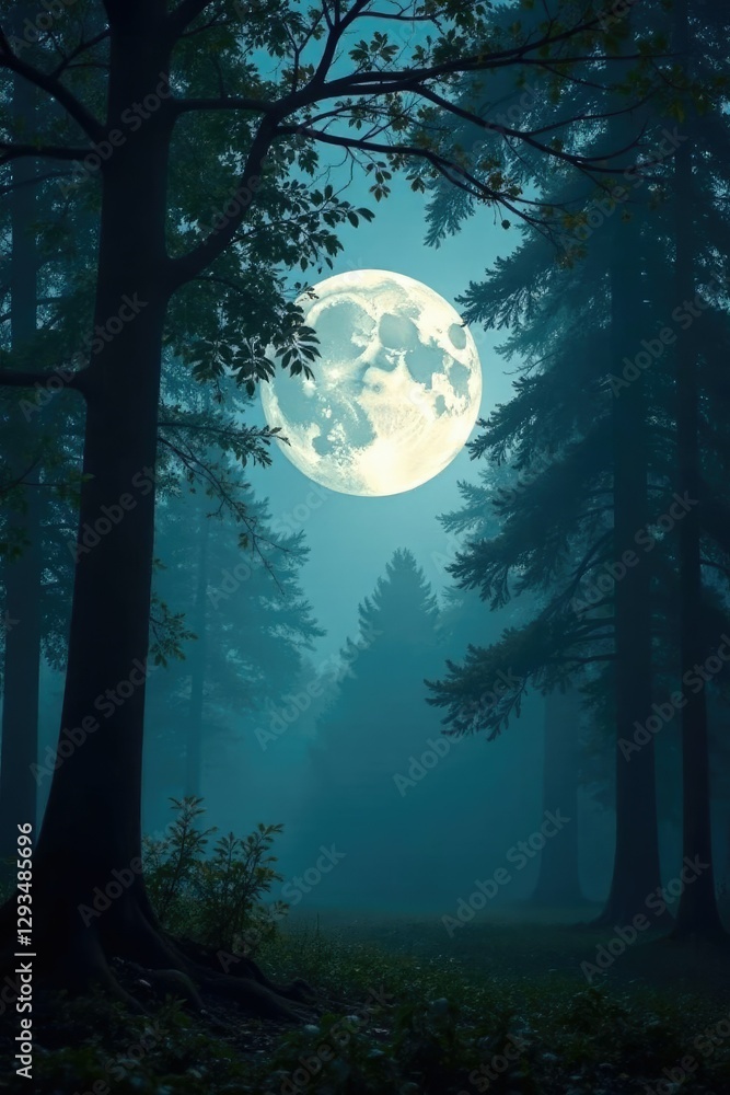 Naklejka premium Full moon shining through misty forest canopy with tree branches, mist, light, foliage