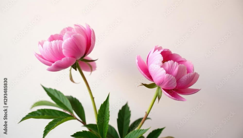 Fototapeta premium Pink peony blooms against a soft white background, garden, bloom, arrangement