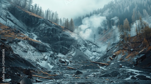 Landslide. Mountain landslide in ecologically dangerous zone. Large cracks in the ground, collapse of large layers of earth blocking the road. Deadly danger of the dam at the foot of the landslide slo