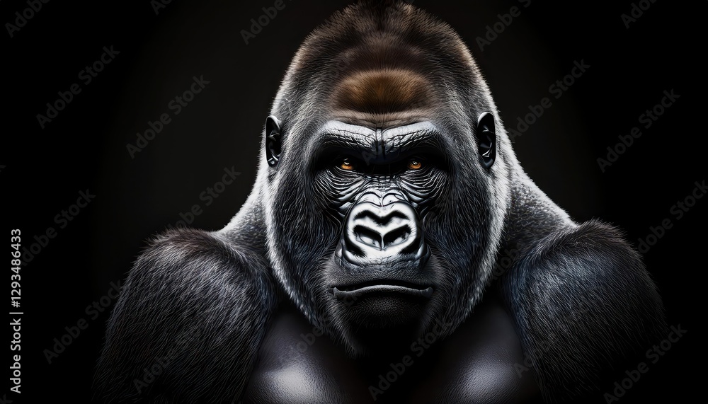 Powerful Portrait of a Gorilla Against a Dark Backdrop Majestic Gorilla in High Contrast, Showcasing Strong Eyes and Intricate Fur Texture on a Stark Black Background, Exuding Emotional Intensity Powerful Portrait of a Gorilla Against a Dark Backdrop Majestic Gorilla in High Contrast, Showcasing Strong Eyes and Intricate Fur Texture on a Stark Black Background, Exuding Emotional Intensity
