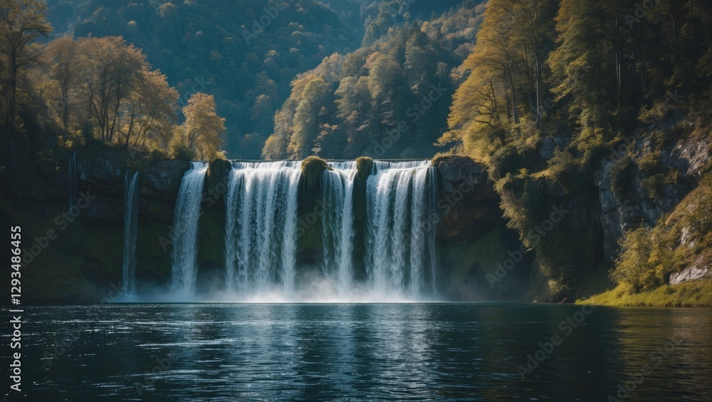 Fototapeta premium Majestic waterfall cascading into a tranquil lake surrounded by vibrant autumn foliage under a serene blue sky.