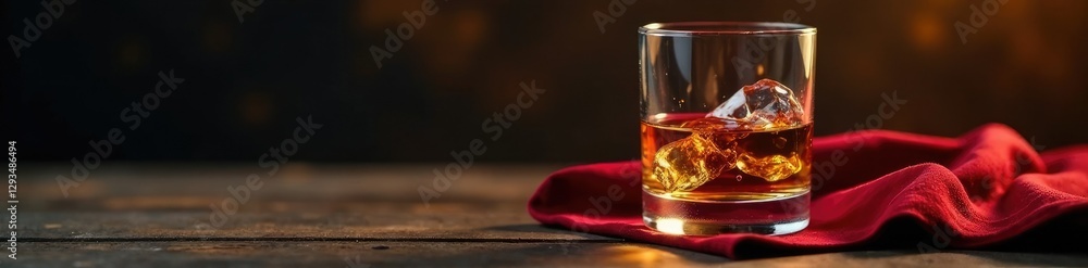 Single malt whisky in a Glencairn glass resting on a velvet cloth, whisky, refined Single malt whisky in a Glencairn glass resting on a velvet cloth, whisky, refined