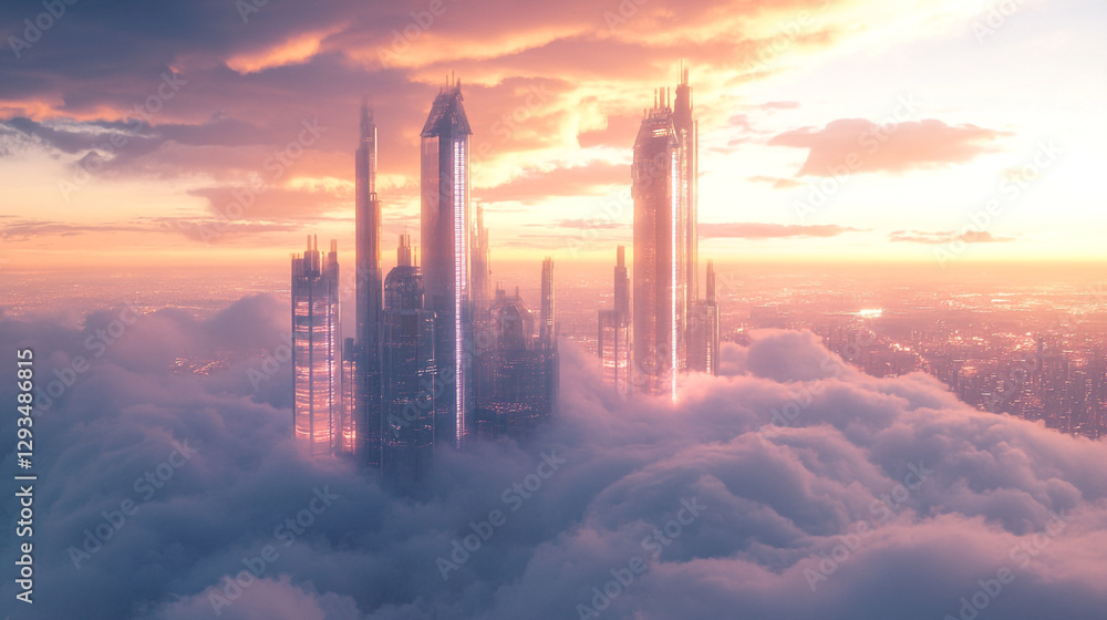 Fototapeta premium Futuristic cityscape above clouds at sunset dramatic pink sky modern architecture art view urban